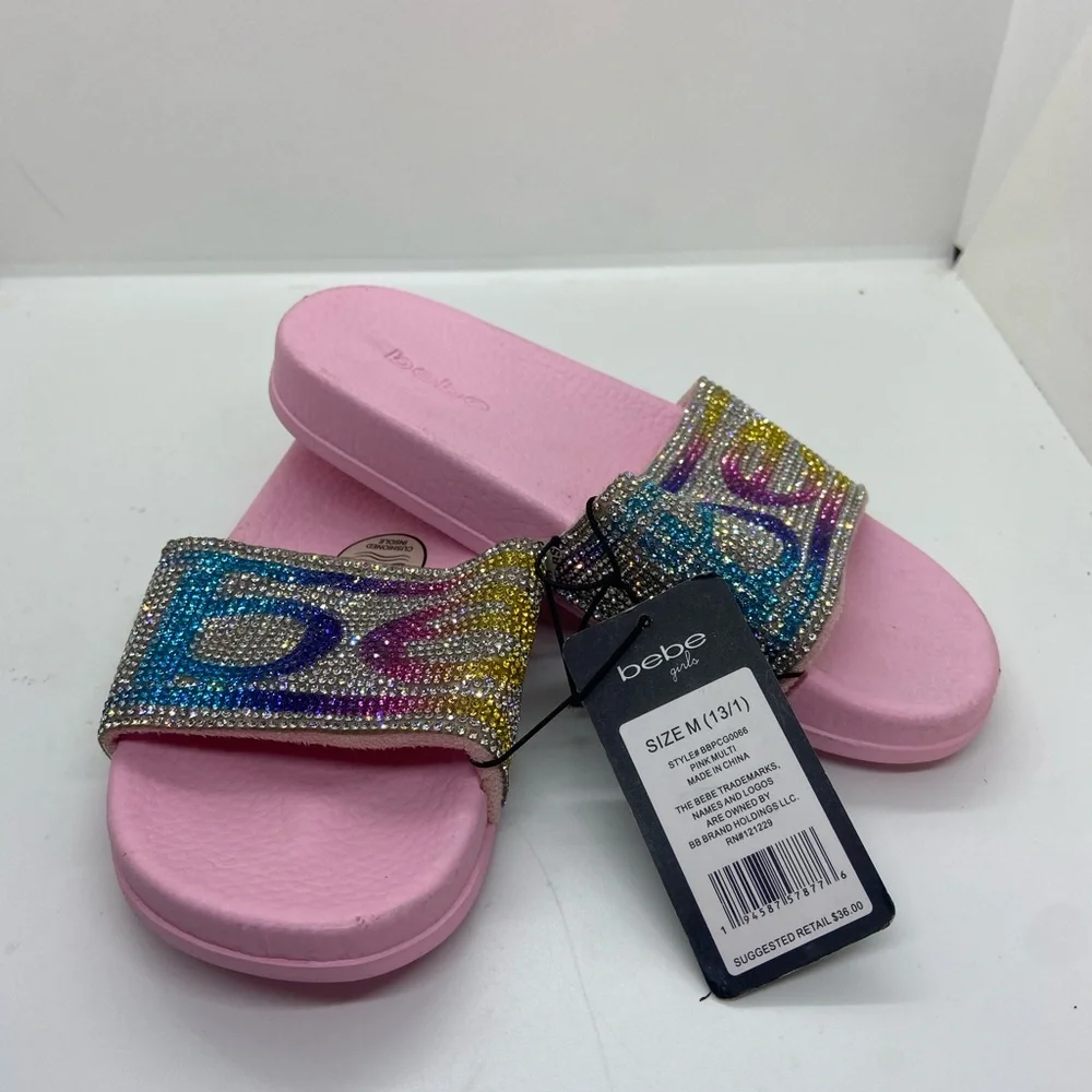 NWT Bebe Girls Pink Rainbow Rhinestone Slide Sandals Size 13/1
